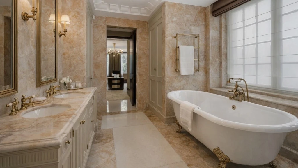 Old money bathroom interior with marble vanity, freestanding clawfoot bath, brass fittings and soft neutral tones in a refined traditional luxury home.