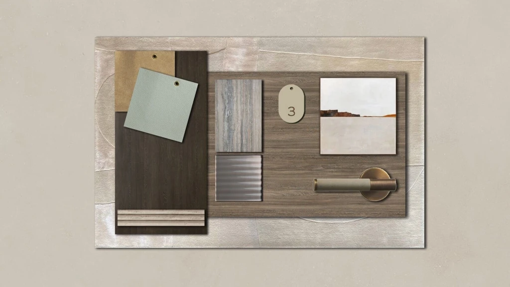 Old money interior design materials palette with marble, wood, leather and brass finishes in muted neutral tones.