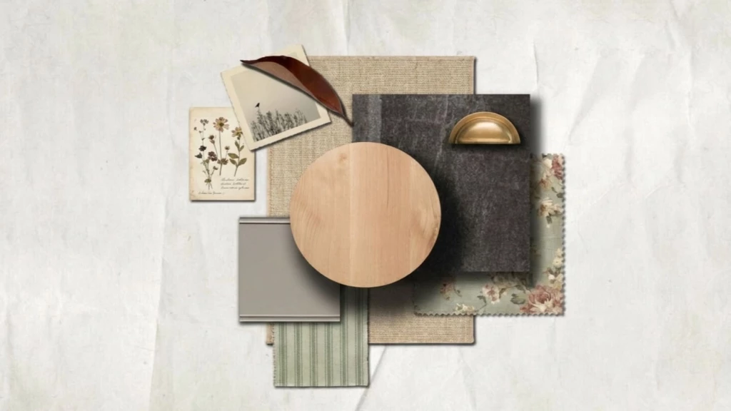 English country house interior colour and fabric palette with floral prints, stripes, linen and soft natural tones.