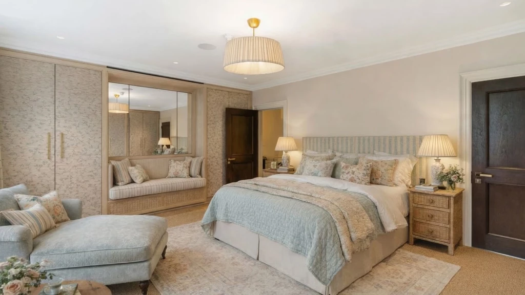English country style bedroom with soft pastel palette, floral fabrics, upholstered headboard, fitted wardrobes and cosy layered textiles in a city home.