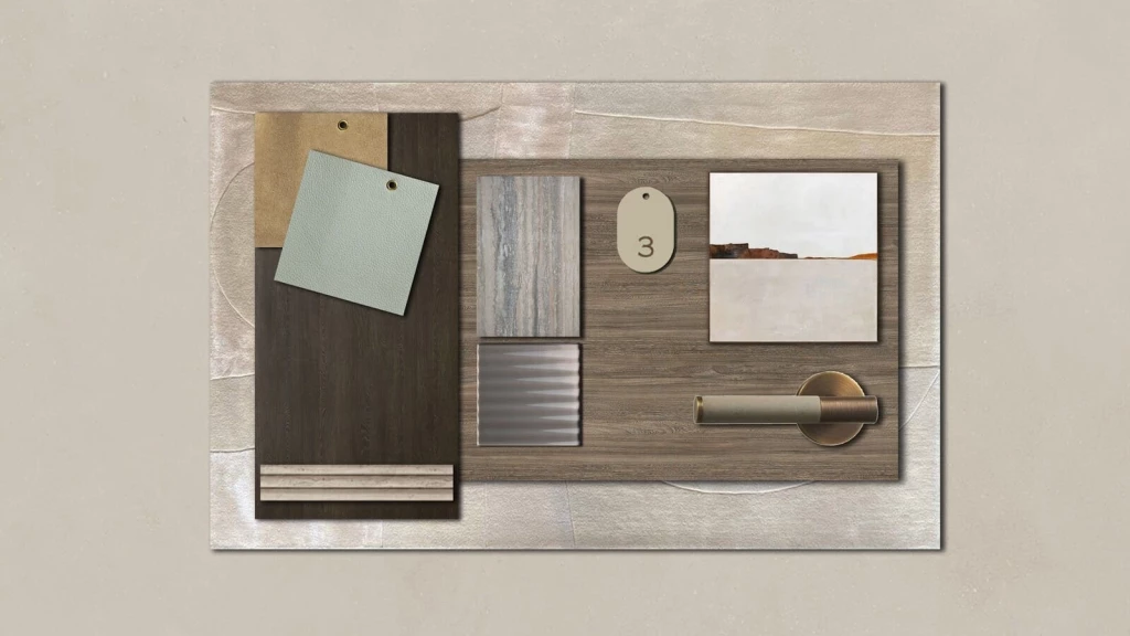 Old money interior design materials palette with marble, wood, leather and brass finishes in muted neutral tones.