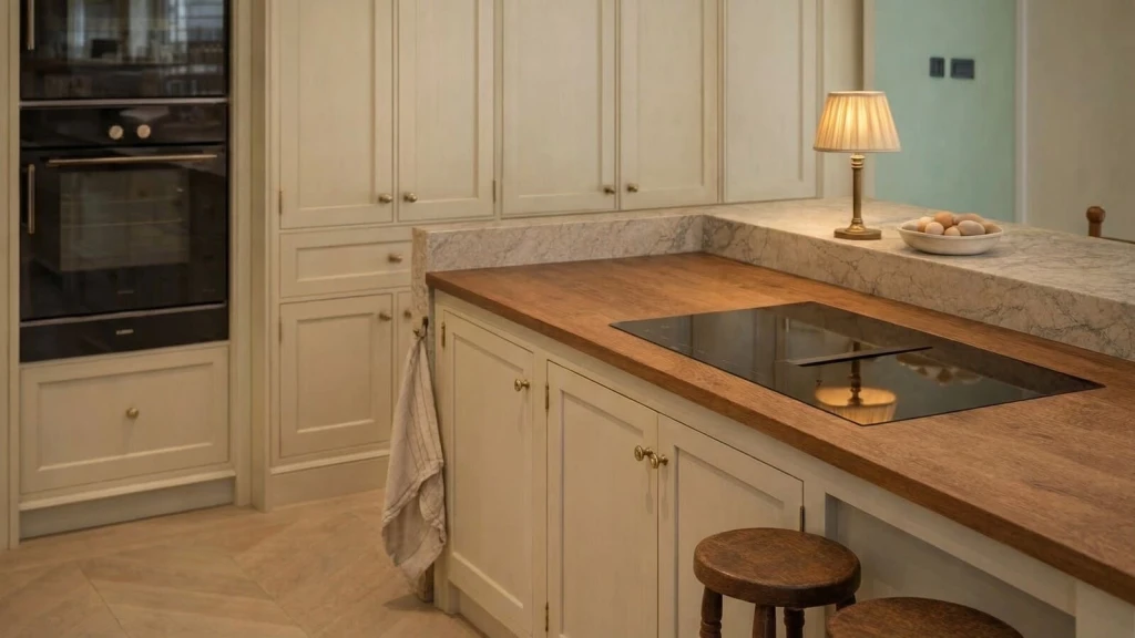 English country kitchen with painted cabinetry, wooden worktops, marble surfaces, traditional joinery and warm ambient lighting in a cosy, lived-in interior.