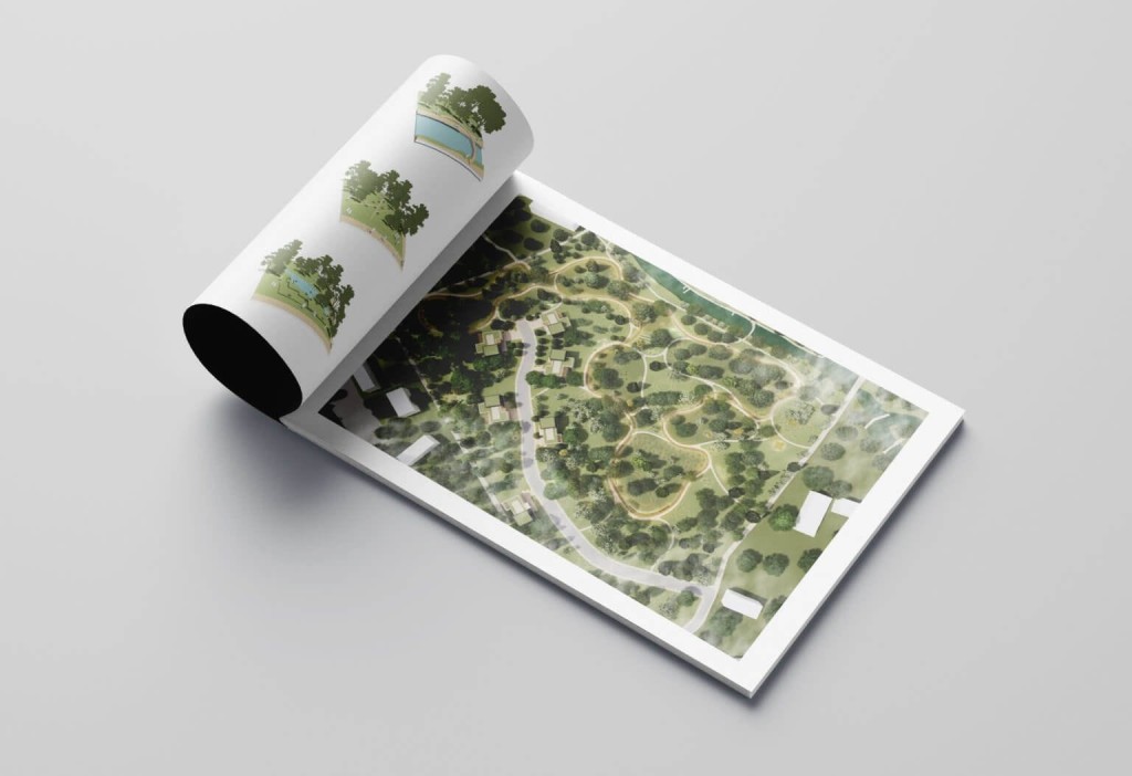 An open book showcasing detailed landscape design plans with illustrations of different landscape features on one page and a detailed site plan on the other. The site plan shows pathways, building plots, and greenery. 