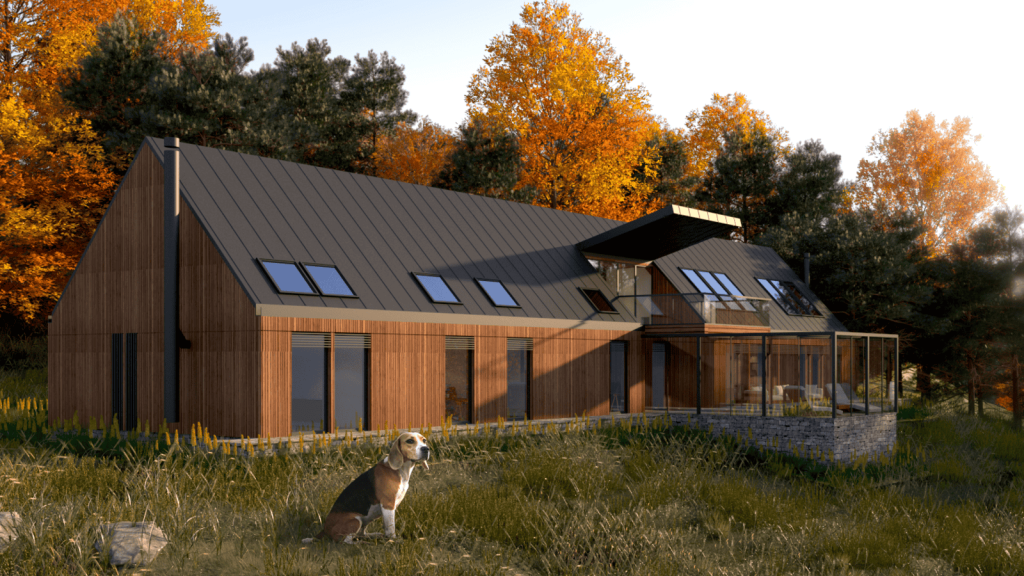 Contemporary eco-friendly rural house with wooden cladding and a gabled roof, featuring solar panels and large glass windows, set against a backdrop of autumnal trees, with a beagle dog sitting in the foreground.
