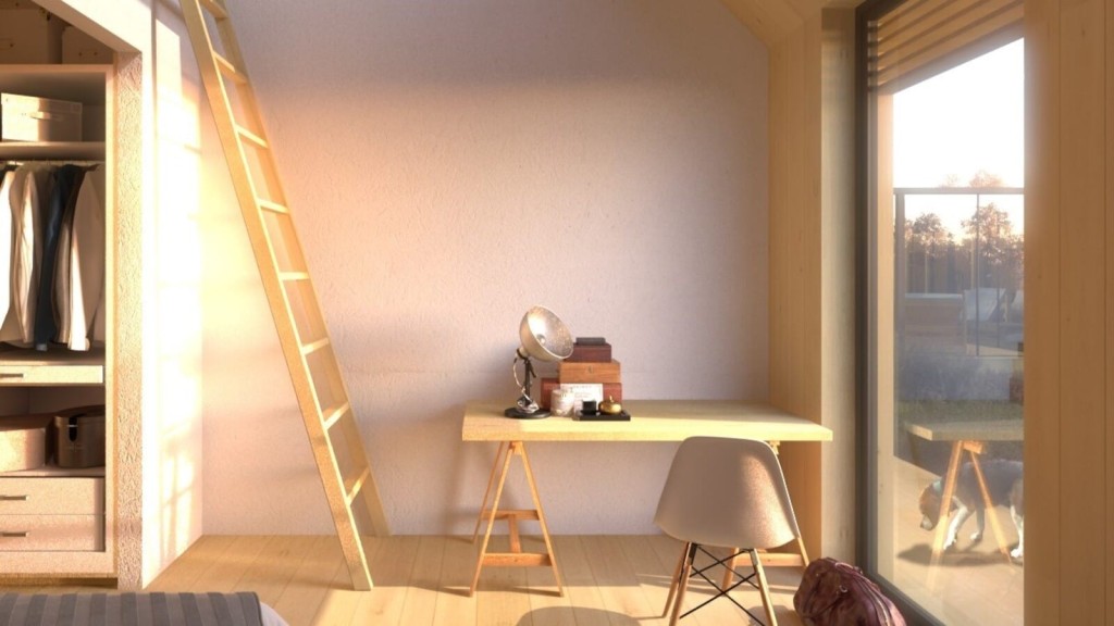 Minimalist home workspace bathed in natural light, featuring a wooden desk and designer chair, with a ladder leaning on a modern open closet, beside a floor-to-ceiling window overlooking a serene countryside setting with a passing dog.