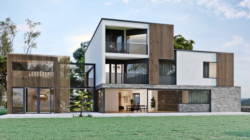 Modern three-story residential house with a combination of wood, stone, and plaster finishes, featuring spacious balconies, large windows, and surrounded by greenery, showcasing contemporary architecture design in a rural setting.