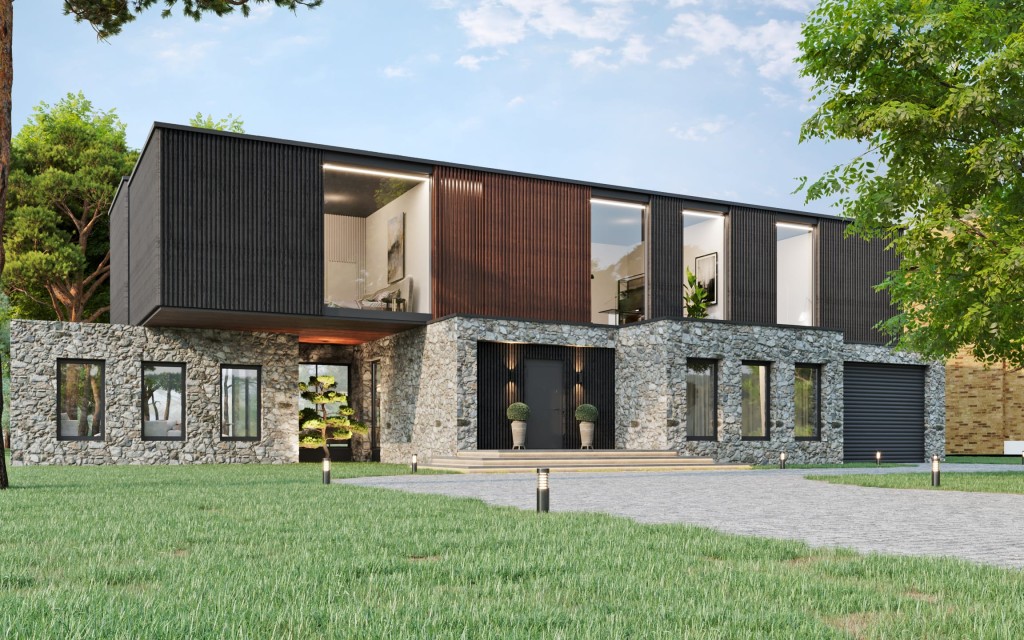 Modern countryside house with a striking combination of dark corrugated iron, white rendering, and natural stone cladding, featuring expansive windows, a cantilevered upper floor, and an inviting entrance with potted plants.