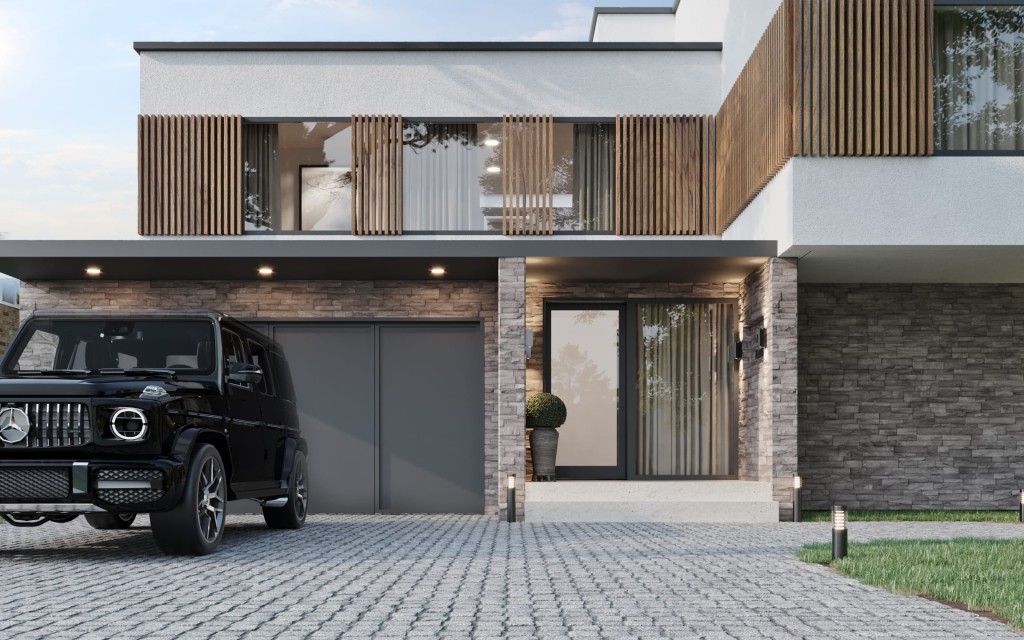 Contemporary countryside house with a sleek design, featuring wooden slat upper balcony, stone cladding, and a built-in garage with a luxurious black SUV parked in the driveway, illuminated by ground lights.