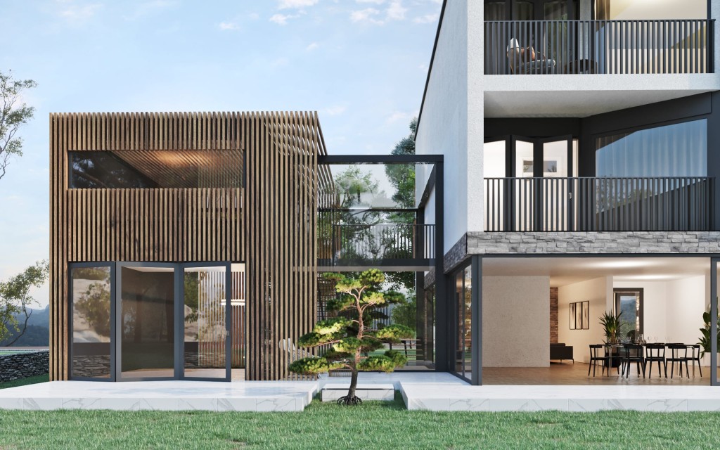 Luxurious modern countryside home with a distinctive wooden slat design, glass balconies, and a visible interior including a dining area, juxtaposed against a lush landscape and a clear sky.