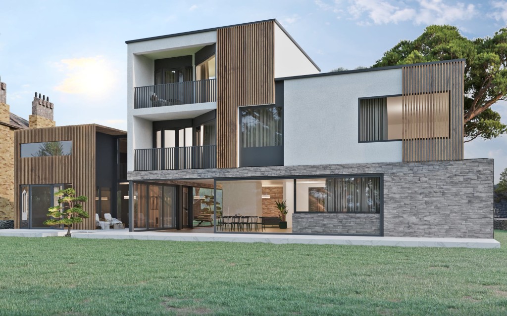 Elegant countryside home featuring a blend of modern and rustic architecture with wooden slats, stone walls, large glass windows, and multiple balconies, nestled in a verdant landscape.