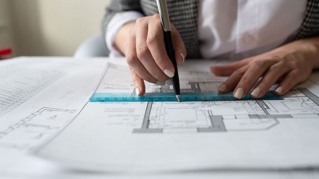 Close-up of an architect's hands using a ruler and pen on a building blueprint, illustrating the precision required in architectural drafting and design, with a focus on detailed plan creation.