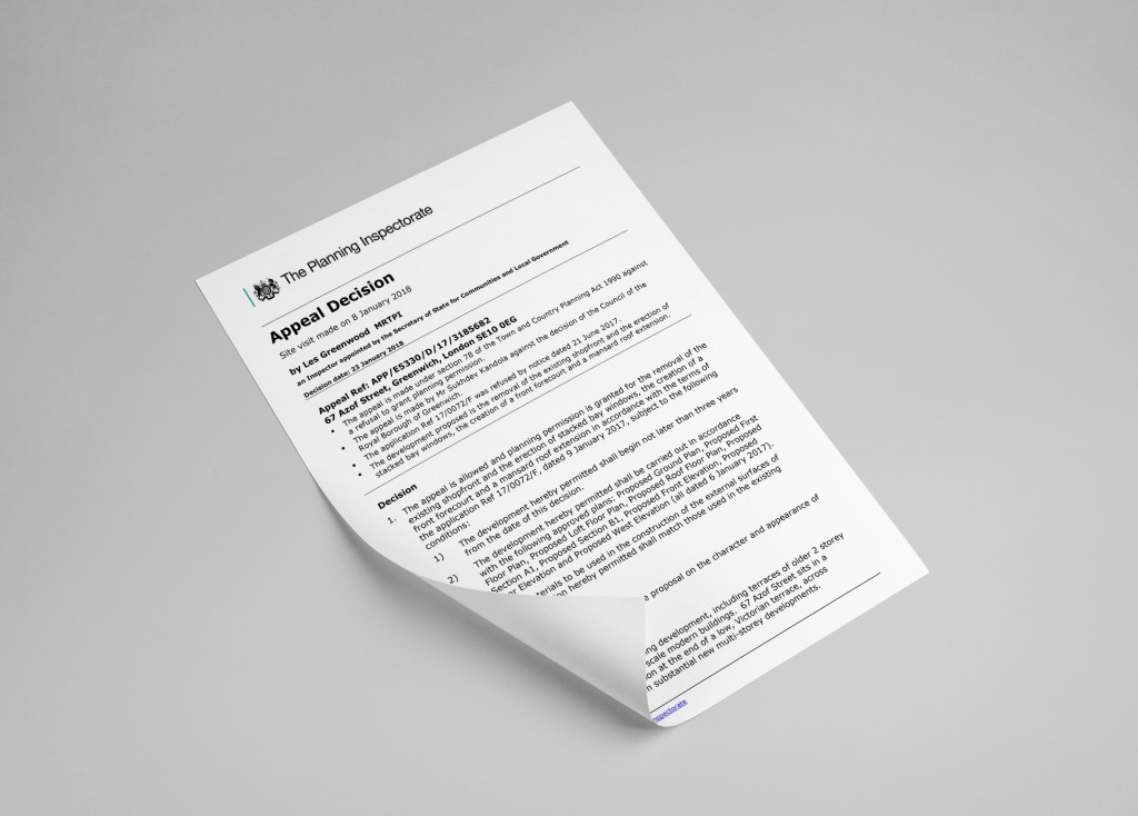 Official document titled 'Appeal Decision' from The Planning Inspectorate, angled on a neutral background, reflecting a key step in the appeal process within the realm of property development and urban planning.