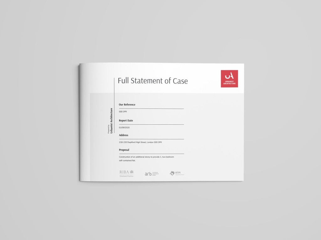 A professional document titled 'Full Statement of Case' on a white background, featuring sections for reference, report date, address, and proposal details, indicative of formal planning and architectural submission documents.