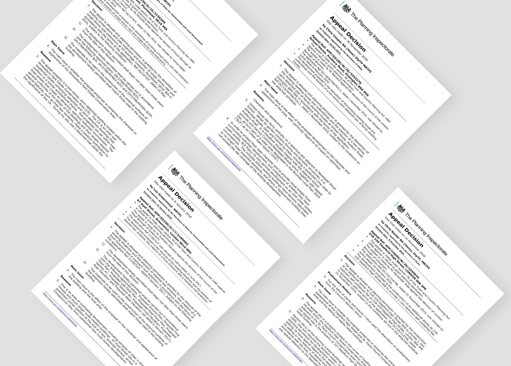 Several documents with legal text laid out on a gray background, representing various stages of an appeal process in planning applications, detailing the procedural steps and decisions by a planning inspectorate.