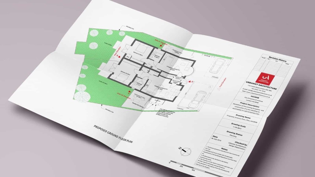 Open brochure of a proposed ground floor plan by Urbanist Architecture, showing a detailed architectural blueprint with annotations and a revision history table, indicating meticulous planning for a UK-based project.