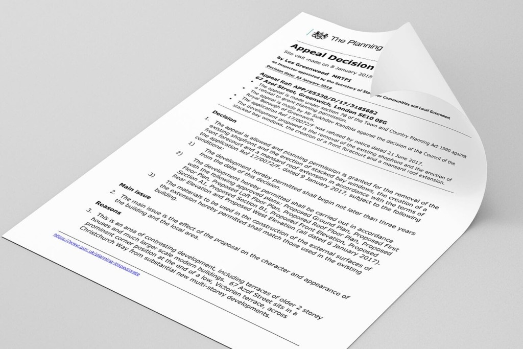 Document titled 'The Planning Appeal Decision' detailing an official response to a planning application, with bullet points outlining the decision and reasons, indicating a structured review process by the Planning Inspectorate in the UK. 