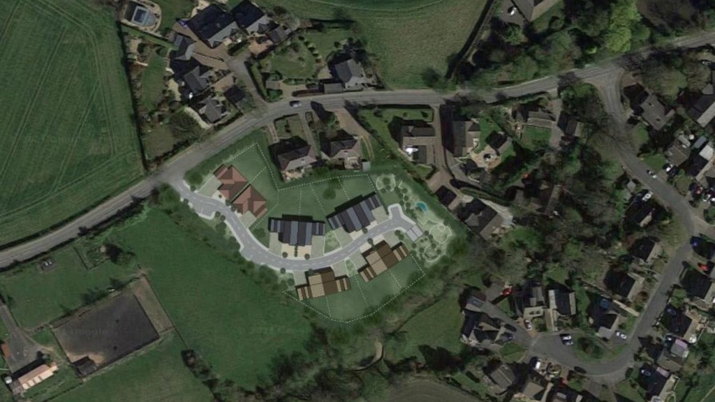 Satellite image overlay with a development plan showing a new housing project in a rural area, integrating newly constructed homes into an existing village layout, with highlighted areas for different house types and landscaping features, blending seamlessly with the surrounding environment.