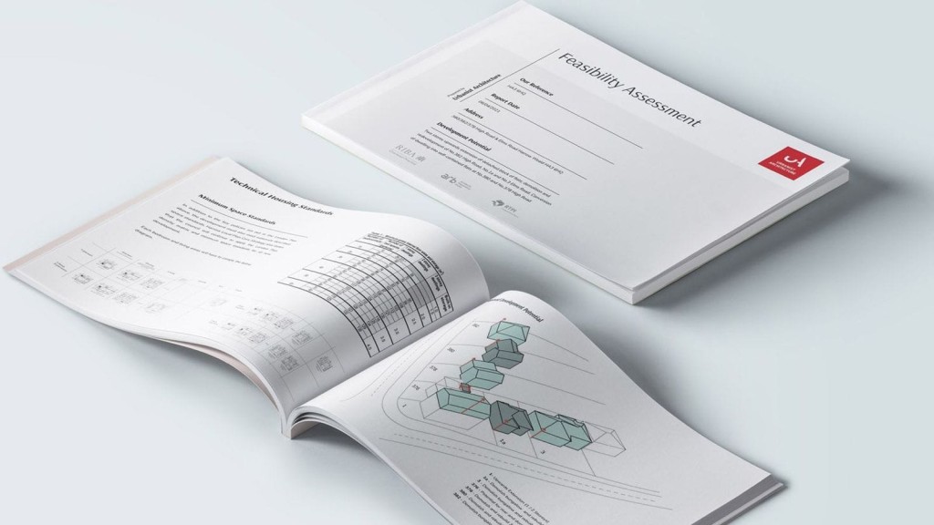 Open feasibility assessment report on a light background, displaying detailed architectural drawings and technical language statements, with a focus on 3D geometric building models and associated land boundary lines.