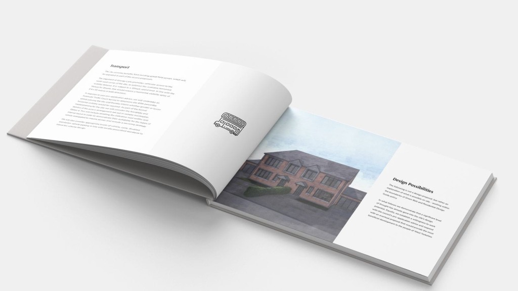 Open design proposal booklet on a plain background, showing a detailed text about transport on the left page and an architectural rendering of a residential building on the right page, titled 'Design Possibilities', aimed at showcasing urban planning strategies.