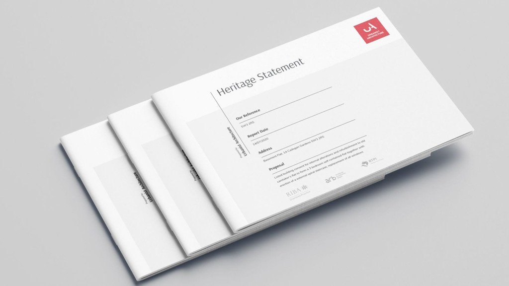 A neatly arranged stack of Heritage Statement reports on a gray background, featuring a clean design with a prominent title and structured fields for project details, symbolising professional documentation in architectural and planning practices.