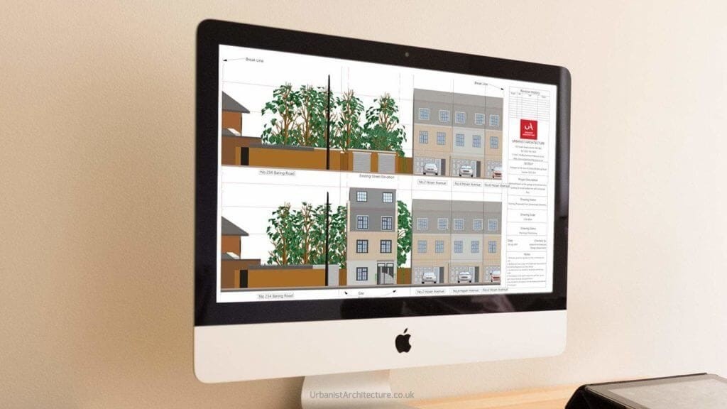 An iMac on a desk displaying the Urbanist Architecture drawings with detailed architectural facade designs and sectional drawings, illustrating modern residential architecture.