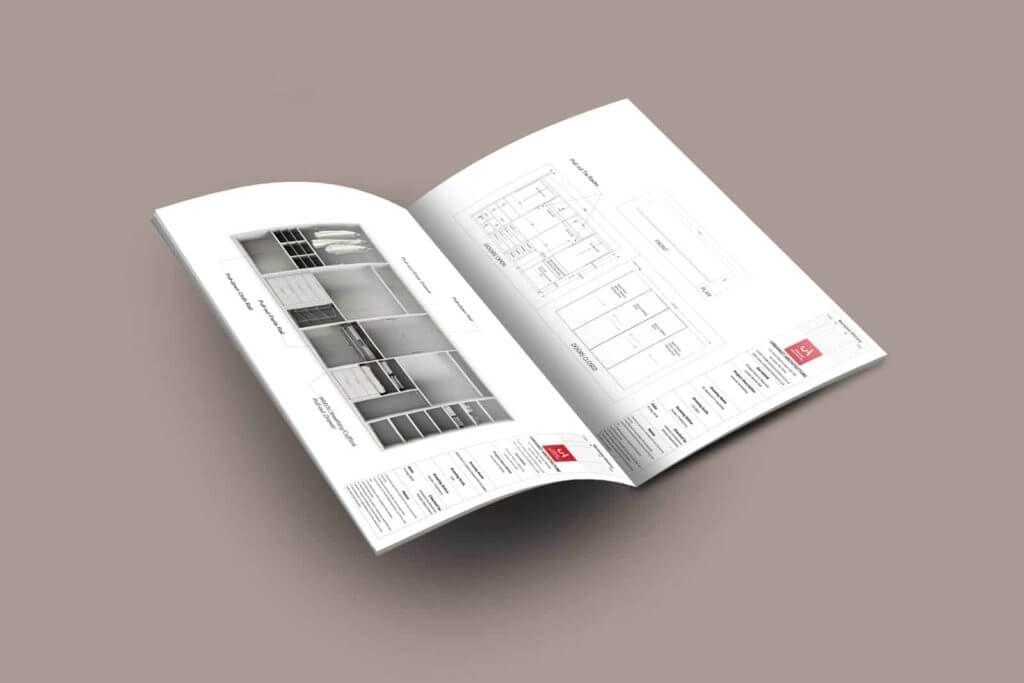 Printed project booklet from Urbanist Architecture open to a page with detailed interior design joinery drawings and sample images, highlighting architectural design and planning services.
