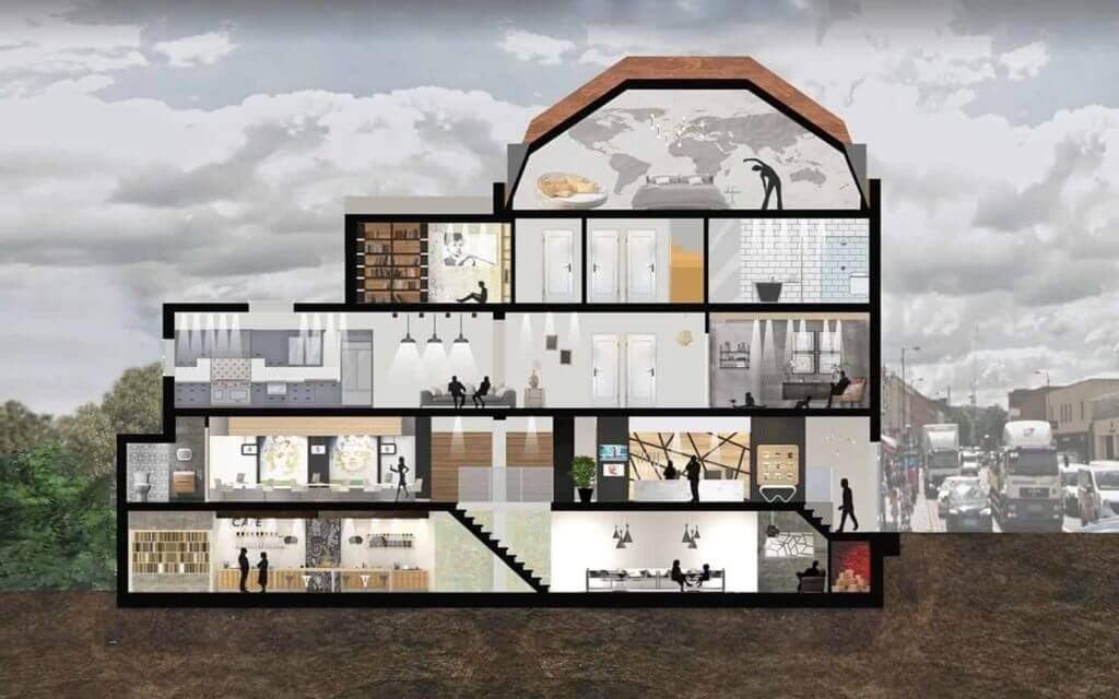 Artistic representation of a building section cut, showing multiple levels of activity from a café on the ground floor to private rooms on the upper floors, against a mixed backdrop of urban and natural elements.