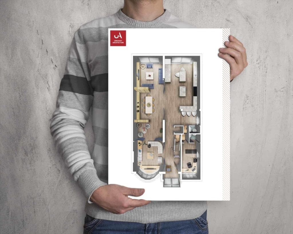 Person holding a large architectural floor plan poster from Urbanist Architecture, showcasing a detailed apartment layout with furniture and fittings against a textured concrete background.