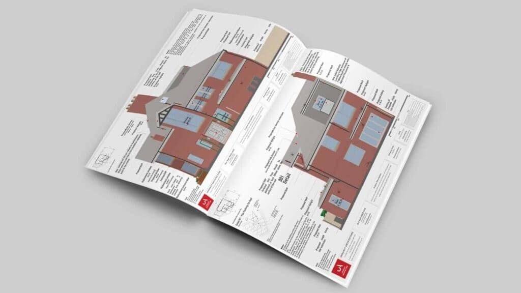 Open brochure displaying detailed architectural elevations of a residential property, with annotations, by Urbanist Architecture.