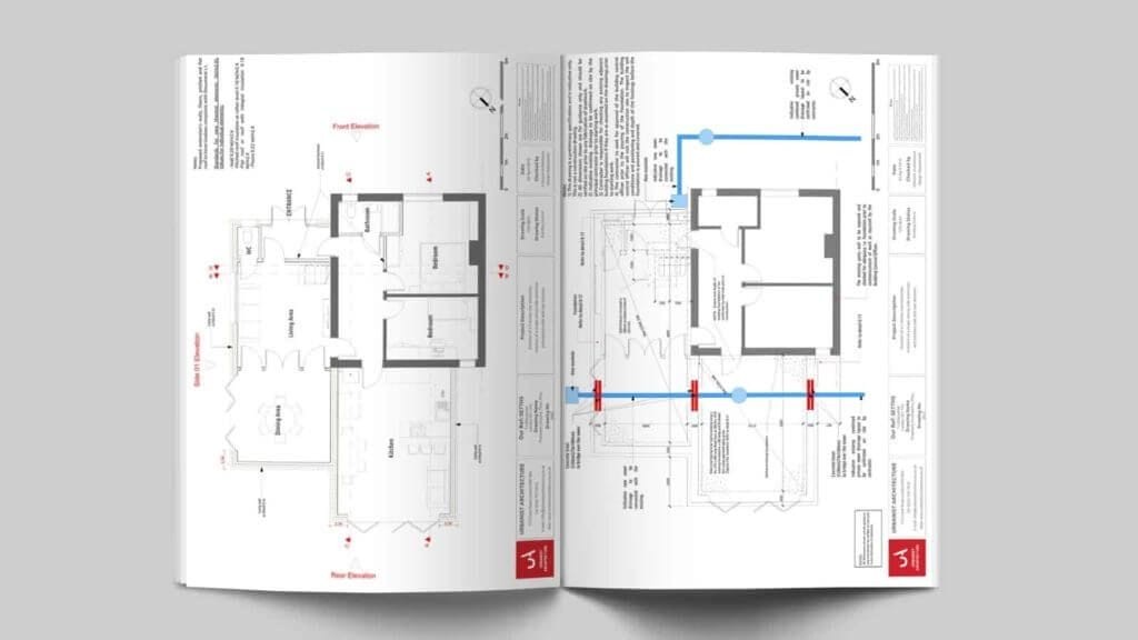 Open architectural publication featuring meticulous floor plans with red and blue annotations, exemplifying Urbanist Architecture's precision in planning documentation.