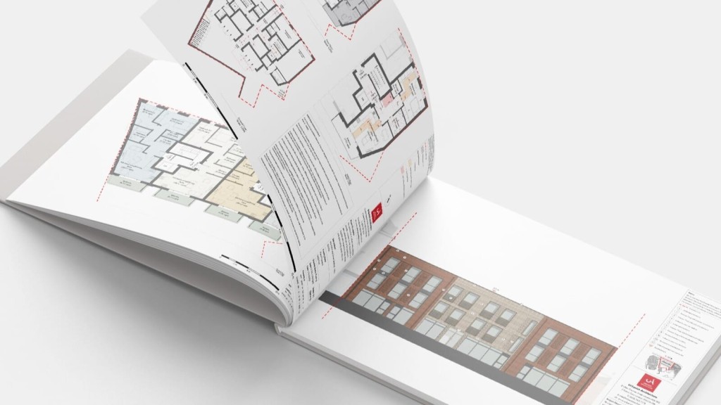 Open architectural brochure displaying floor plans and building facade, with detailed annotations for a construction project, on a white background.