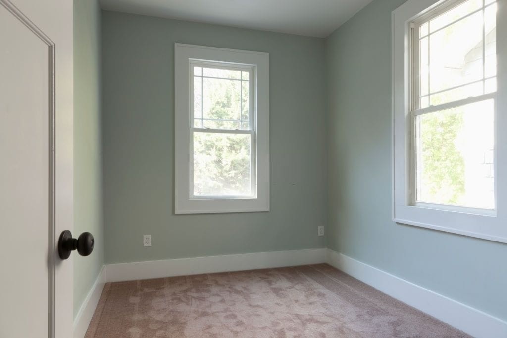 Empty room with soft gray walls, beige carpet, and two white-trimmed windows allowing natural light.