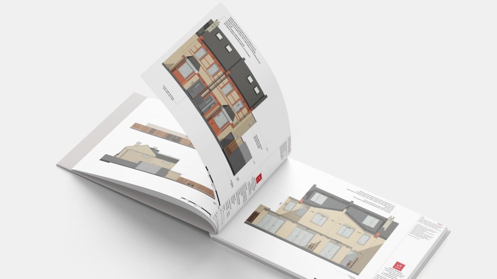 A professionally designed architectural portfolio opened to a page displaying detailed plans and elevations of modern residential houses. The portfolio rests on a white surface, highlighting meticulously drawn architectural details, including floor plans, facade designs, and annotations that reflect a high level of architectural expertise.