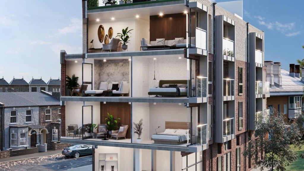 Modern multi-story residential building with balconies and open interiors, showcasing innovative architectural design. This image highlights spacious living areas and contemporary aesthetics, reflecting what good design looks like in urban housing projects.