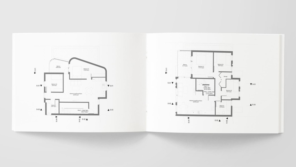 Open brochure with detailed architectural floor plans of a multi-level residential building, featuring room layouts and design annotations.