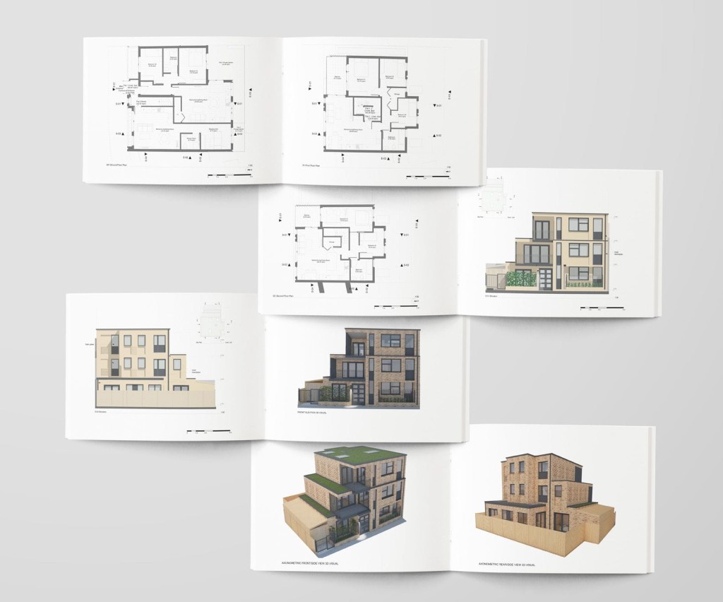 Collection of architectural drawings and renderings displayed on open brochure pages, showcasing various floor plans and exterior views of a modern flatted development.