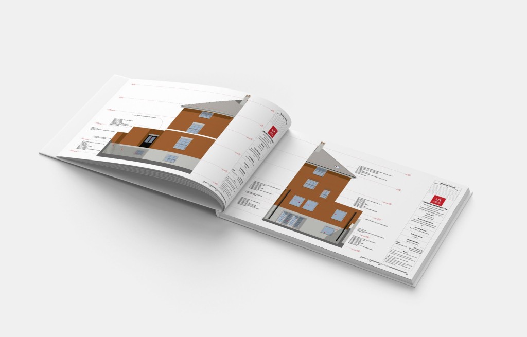 Printed and open booklet on a table displaying architecture drawing plan for house with three storeys with its side elevation and labeling