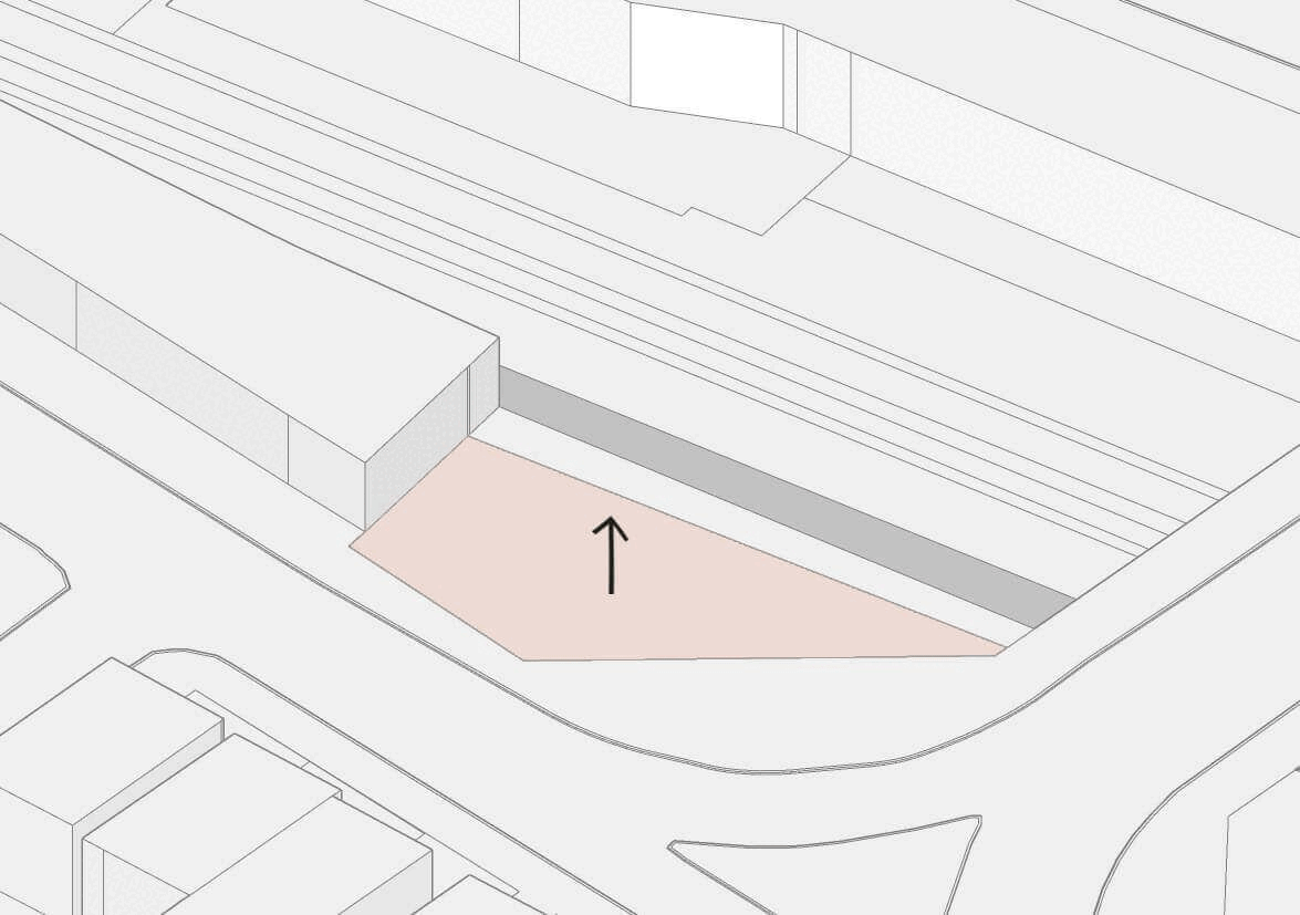 Animated GIF of a feasibility massing study showing the development of an architectural site plan, with an arrow indicating the proposed expansion of a building in a peach-colored overlay against a monochrome 3D model of an urban layout.