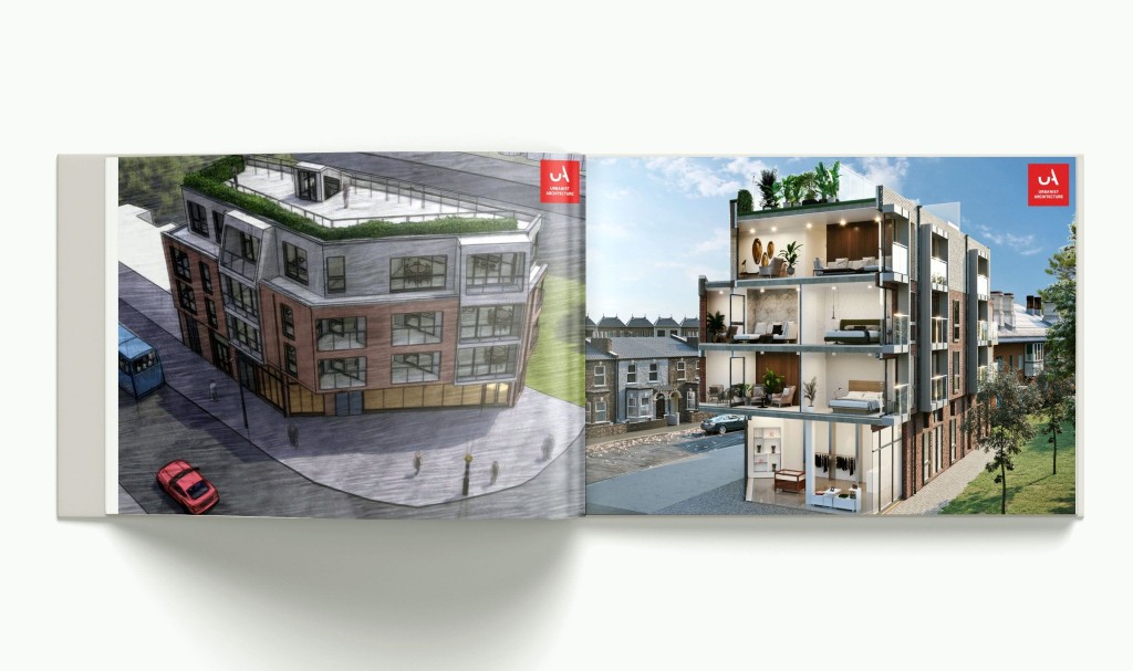 Architectural rendering spread in a brochure, showing two perspectives of a modern multi-story residential building, with detailed interior views on the right side cutaway, and a street-level exterior view on the left, presented by 'Urbanist Architecture'.