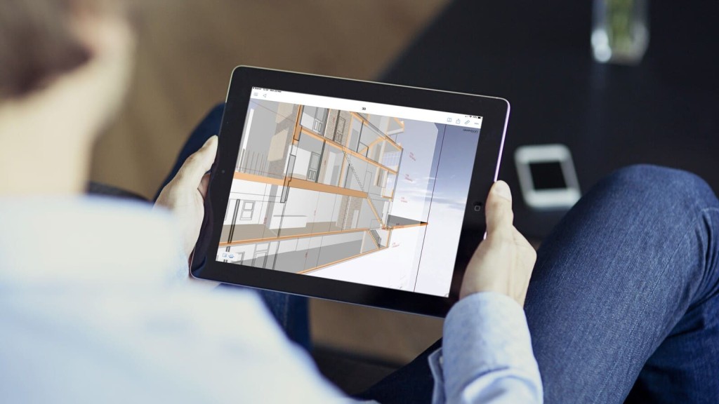 Over-the-shoulder view of a professional reviewing a 3D architectural model on a tablet, showcasing a property's detailed structure and design. The digital model displays a cross-section of a building with annotations, ideal for property due diligence and project planning.