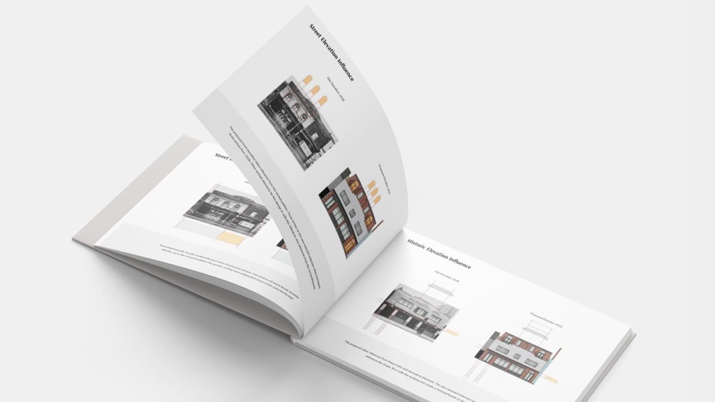 The Design & Access Statement for Hardy's Pub displaying design evolution pages for a boutique hotel and pub in Greenwich, with detailed facade illustrations, elevation influences, and annotations.