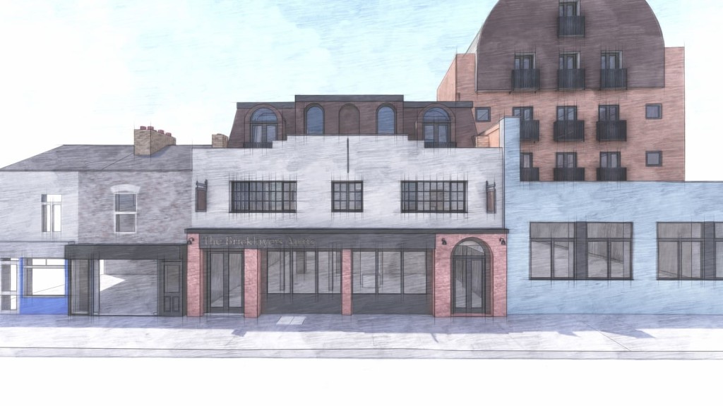 Architectural rendering of a boutique hotel and pub in Greenwich with a mix of traditional and modern design elements, showcasing a pastel-colored facade with brick accents and multiple large windows.