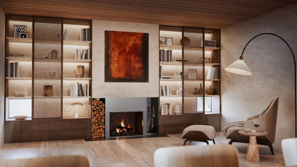 Contemporary living room with a cozy fireplace, wood-stacked feature wall, built-in bookshelves, a large abstract painting, and stylish furniture illuminated by a floor lamp, showcasing modern quiet luxury interior design.