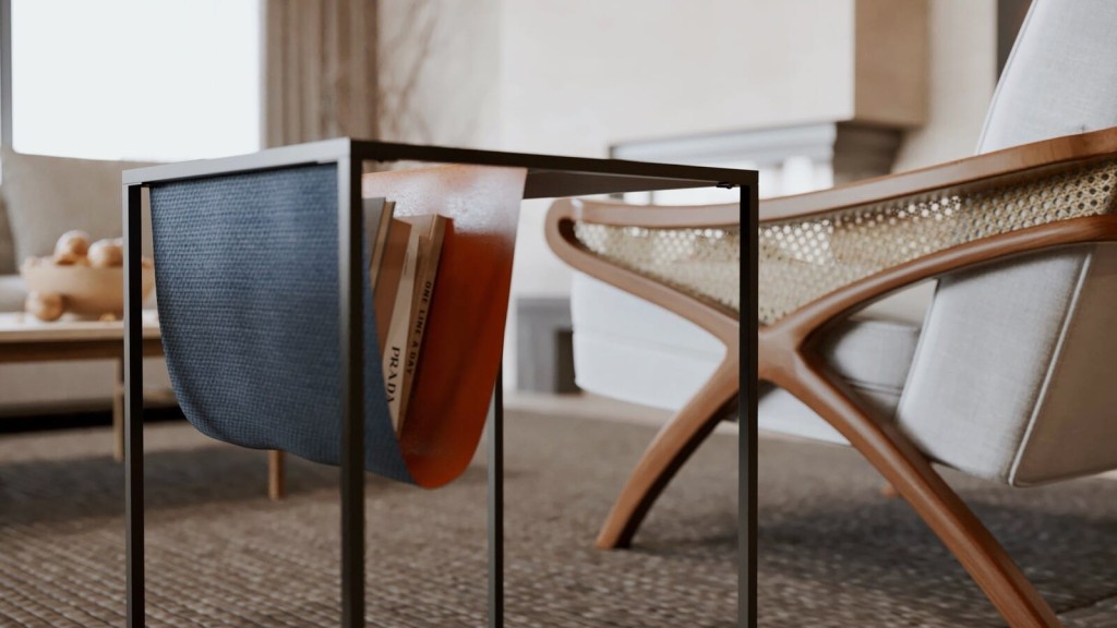 Modern minimalist interior with a close-up of a designer side table holding books, beside an elegant wooden chair with woven details, embodying quiet luxury.