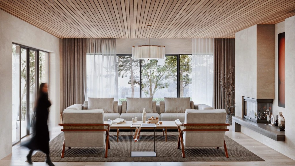 Spacious and serene living room design embodying quiet luxury with neutral tones, modern furniture, wood accents, and large windows offering natural light and a view of greenery outside.