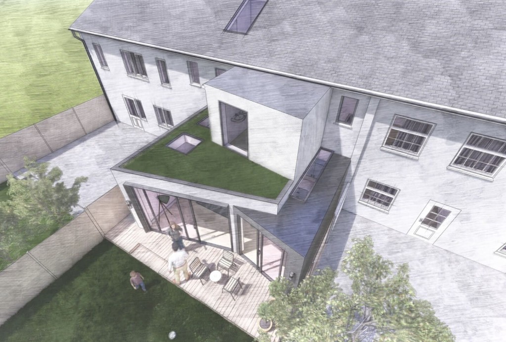 Architectural visualisation of a modern rear house extension with a green rooftop garden, large glass sliding doors, and a shaded patio area, as seen from an aerial view that also shows people enjoying the new outdoor space.