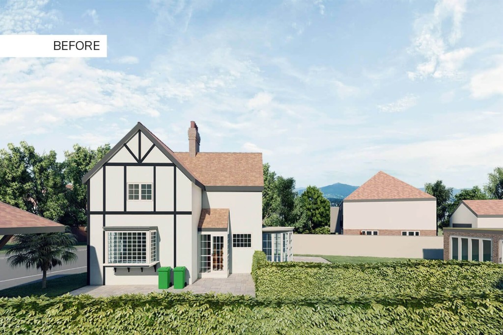 Before renovation: 3D rendering of a traditional two-story, half-timbered house with white and black facade and terracotta roof tiles, showcasing the original structure set against a backdrop of a blue sky with scattered clouds and a lush green landscape.