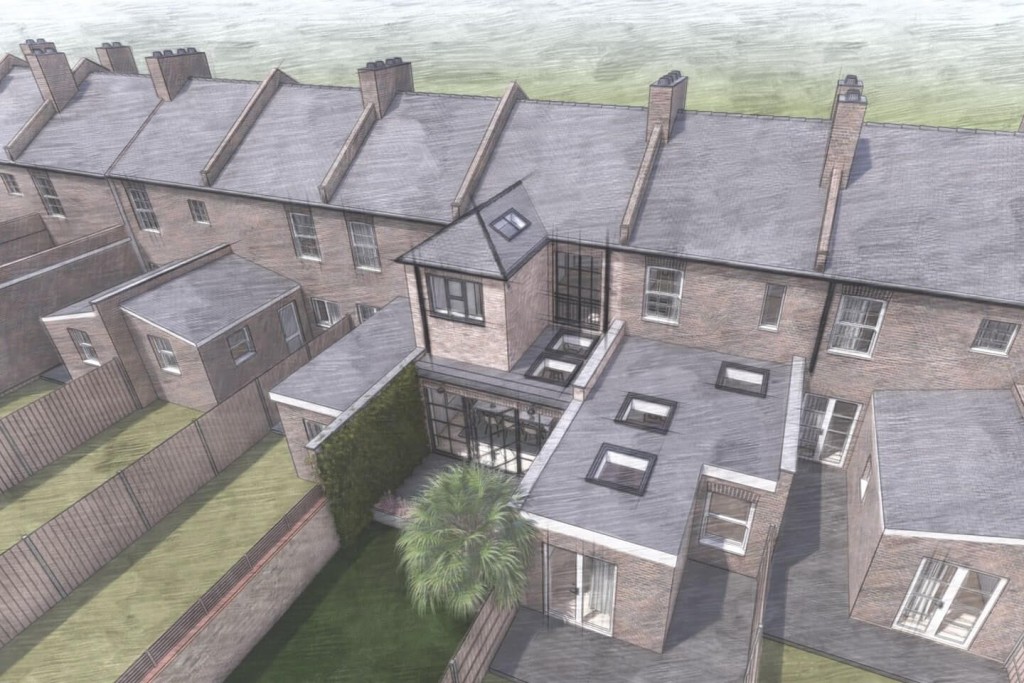 Aerial view of a row of terraced houses with a detailed 3D architectural illustration of a two-story brick home featuring a modern rear extension, highlighting the contrast between traditional design and contemporary home improvement in a suburban neighborhood.