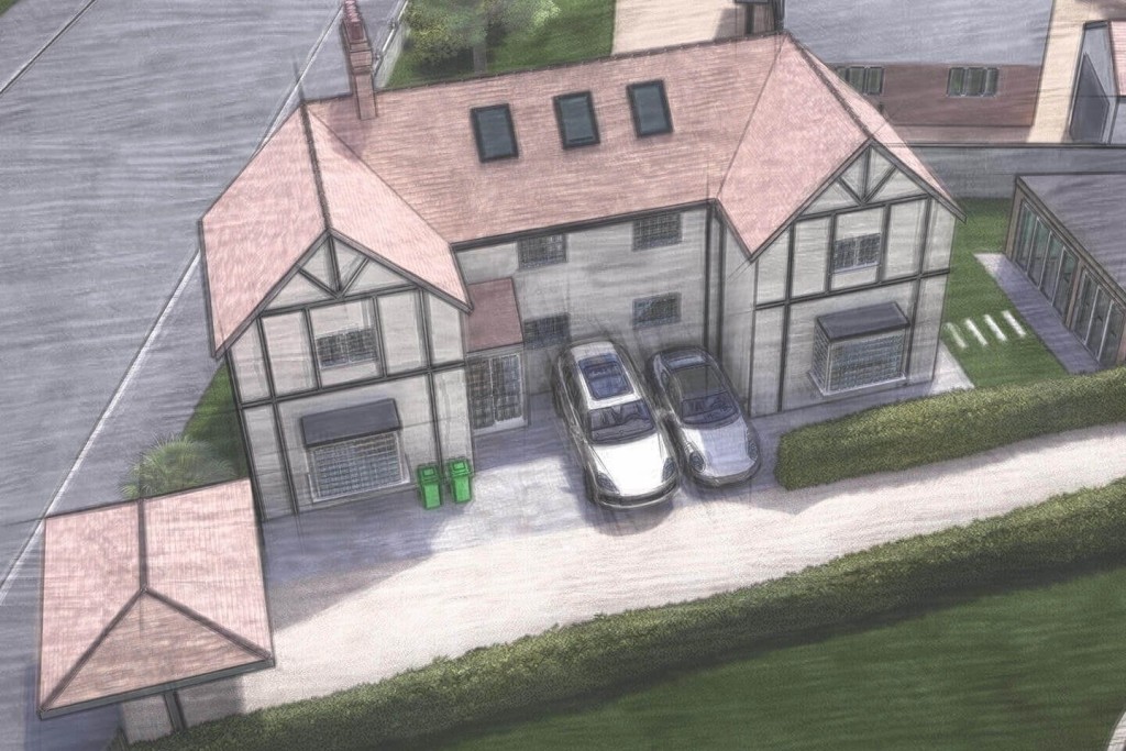 Aerial perspective of a half-timbered house with a modern extension, featuring a driveway with two parked cars, artistically rendered to showcase the integration of contemporary design elements with classic architecture in a residential development.