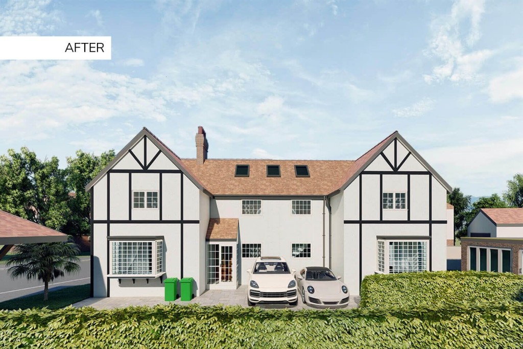 After renovation: 3D rendering of an updated and extended half-timbered house with an enhanced facade featuring new windows and a two-car driveway, reflecting improvements made to the home's exterior against a backdrop of blue skies and green foliage.